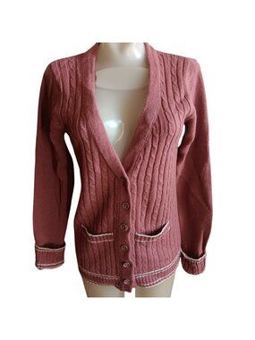 Vintage 1970's Women's Small Cardigan Sweater Jacket Collage Cable Knit Ringer